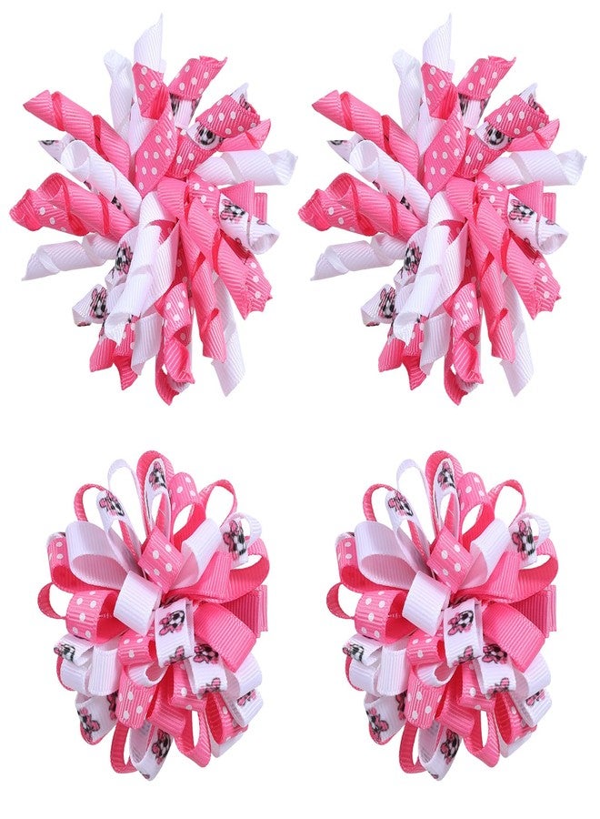 KCHIES Soccer Korker Cheer Bows Hair Clips Girls 4pc Cute Pink & White Football Sport Curly Corker Ribbon Alligator Barrettes Game Day Accessories Soccer Moms Kids Player Birthday Gift - Image 1